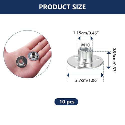 10 Pcs M10 x 27mm Round Base T Nuts for Wood – 10mm Height, Zinc Plated Carbon Steel Tee Nut with Brad Holes, Heavy Duty Screw-in T Nut for Furniture, Cabinet, Bed Legs - size: M10x10x27mm