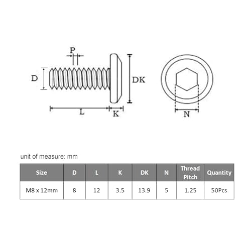 VGBUY M8-1.25 x 12 mm 50pcs Flat Head Hex Socket Cap Screws Metric M8 Bolts, 304 Stainless Steel 18-8, Black Zinc Plated, Full Thread, with Hex Spanner - size: M8 x 12mm(50pcs)