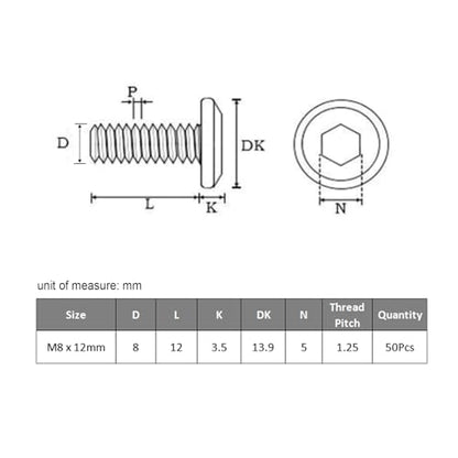 VGBUY M8-1.25 x 12 mm 50pcs Flat Head Hex Socket Cap Screws Metric M8 Bolts, 304 Stainless Steel 18-8, Black Zinc Plated, Full Thread, with Hex Spanner - size: M8 x 12mm(50pcs)