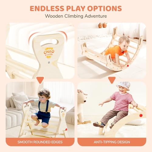 Pikler Triangle Set with Cushion, Wooden Toddler Climbing Toys Indoor | 8-in-1 Montessori jungle gym, foldable pikler triangle and wooden arch, birch plywood & beech round pole - color: Wood