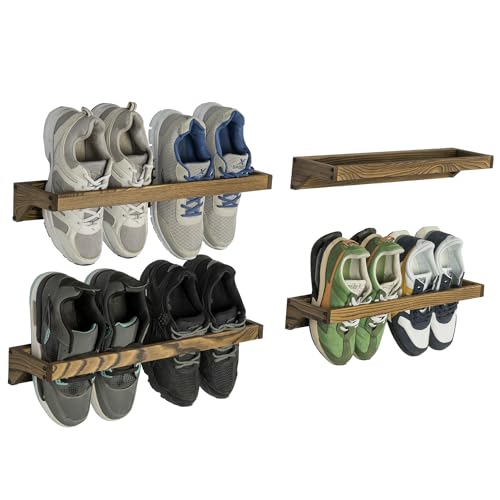 MyGift Set of 4 Rustic Burnt Solid Wood Hanging Shoe Storage Organizer Racks, Wall Mounted Space Saving Footwear Holder for Closet, Mudroom, Entryway, Holds 8 Pairs - color: Burnt Wood