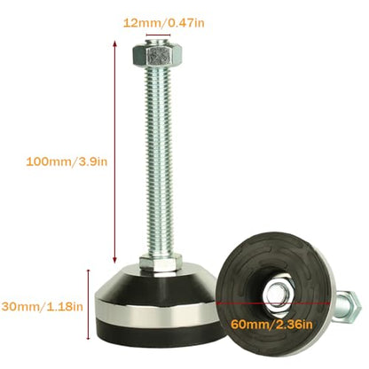 Heavy Duty Leveling Feet, M12 Thread,1300lb Capacity,4 Pcs | Stainless Steel Adjustable Leg Levelers for Shelving, Workbench, Machinery Devices,2.36" Dia Base with Anti-Slip Nylon Pad - size: D60xM12x100,4 Pcs