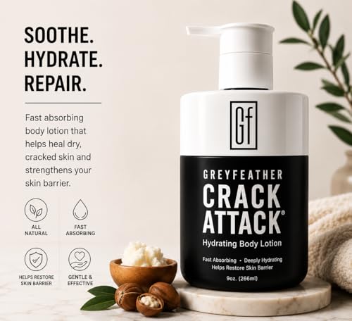 Greyfeather Crack Attack Hydrating Body Lotion for Dry Cracked Skin – Fast Absorbing, Mint Scented, Non-Greasy Moisturizer with Aloe, Shea Butter – Heals Hands, Feet, Elbows, Full Body Repair - size: 9 Fl Oz (Pack of 1)