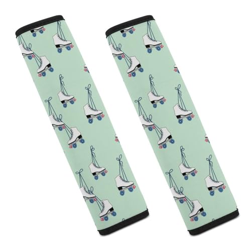 2PCS Vintage Roller Skate Print Mint Green Seat Belt Cover Breathable Seat Belt Cushion for Adults and Children, All Vehicles, Comfortable Driving - color: Pattern 918