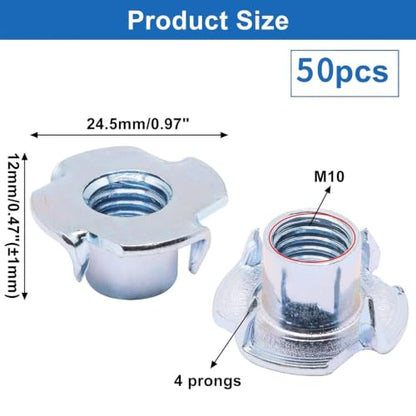 T Nuts M10 50Pcs Threaded Inserts T-Nuts, Zinc-Plated Steel 4 Pronged Tee Nut for Wood, Rock Climbing Holds Cabinetry - size: 50Pcs
