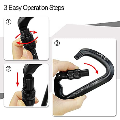 Ayamaya Climbing Carabiners - 3 Pack Screwgate Locking Carabiner 30KN (6744 lbs) Heavy Duty Gears for Rock Climbing, Rappelling, Swing Rescue & Gym, Large D-Shaped Carabiners - color: Black