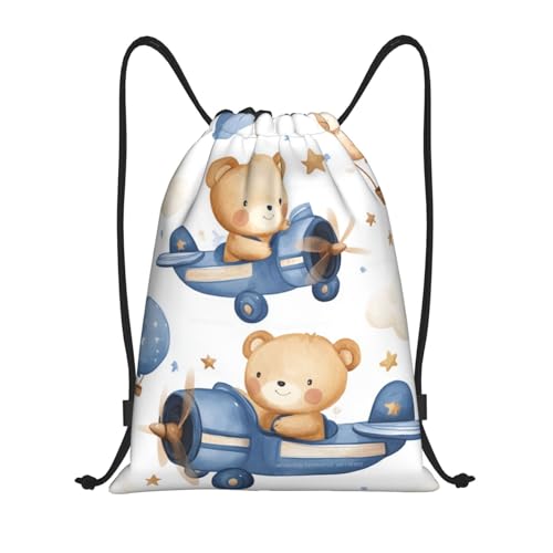 Drawstring Sports Backpacks - Lightweight Swim Gym Bags for Women Men String Sackpack for Beach Travel Yoga(Small, Bear Flies Plane) - color: Bear Flies Plane, size: Small