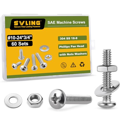#10-24 x 3/4" Pan Head Machine Screws Nut Bolt Washer Assortment Kit,(60 Sets) 304 Stainless Steel 18-8 Phillips Drive Full Thread Assorted - size: #10-24 x 3/4"