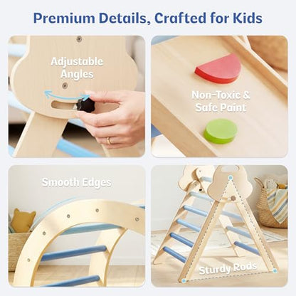 bbgroundgrm 8-in-1 Wooden Climbing Set for Toddlers with Cushion, Foldable Montessori Indoor Climber with Arch, Ramp and Triangle Ladder, Natural Wood Play Gym for Kids 1-3