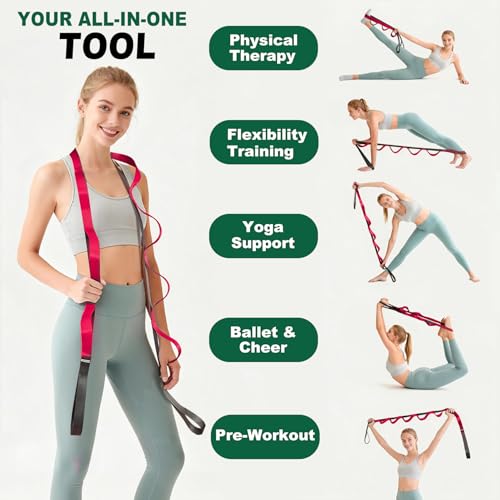 Acozycoo Stretching Strap with Loops,Non-Elastic Yoga Strap for Physical Therapy,Knee Replacement Recovery & Plantar Fasciitis,Leg Stretcher Band for Flexibility & Hamstring Rehab - color: Red