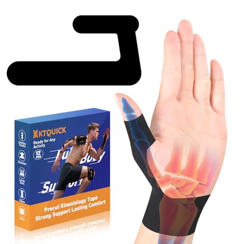 KTQUICK Precut Kinesiology Tape for Thumb Left, 12PCS Waterproof & Hypoallergenic Latex-Free Athletic Tape for Thumb Support, Wrist & Thumb Brace, Elastic Breathable Long-Lasting Thumb Tape (Black) - color: Black, size: LEFT