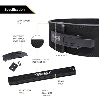 Beast Power Gear Weight Lifting Belt Lever Buckle 10MM 13MM Thick & 4 Inches Free Strap Weightlifting, Powerlifting, Deadlifts, Squats Men Women - color: Black/Black, size: X-Large