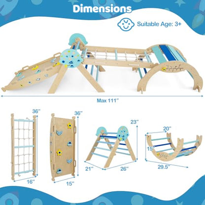 Costzon Pikler Triangle Set, 9-in-1 Foldable Baby Climbing Toys, Wood Montessori Climbing Set for Learning and Motor Skills, Indoor Playground Jungle Gym for Toddlers 3+ Climber Gifts (Blue) - style: 9 in 1 Arch Climber Ladder, Blue