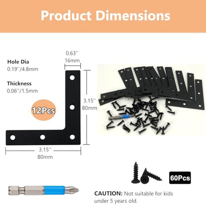 QSJ 12 Pcs L Flat Straight Brackets Corner Bracket Set 3.15'' Bracket Brace Mending Plate Stainless Steel for Wood - size: Black, 3.15x3.15''