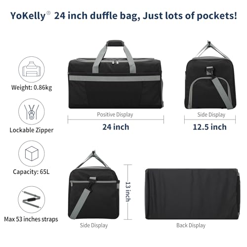 65L Gym Bag for Men, Wet Pocket, Shoe Compartment, 24 inch, Black | 8 Compartments / Pockets, Spacious, Large Sports Duffle Bag for Weekend Travel - color: Black
