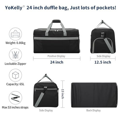 65L Gym Bag for Men, Wet Pocket, Shoe Compartment, 24 inch, Black | 8 Compartments / Pockets, Spacious, Large Sports Duffle Bag for Weekend Travel - color: Black