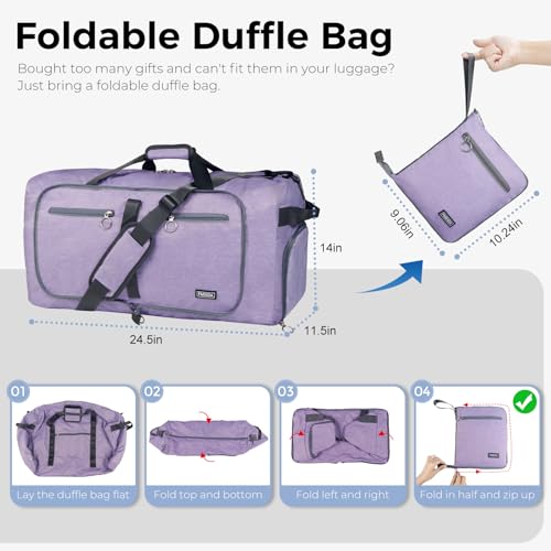 Fmeida 65L Duffle Bag with Shoes Compartment, Foldable Travel Duffel Bags for Men Women, Large Packable Travel Bag Water Repellent & Tear Resistant (Purple) - color: Textured Purple