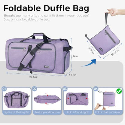 Fmeida 65L Duffle Bag with Shoes Compartment, Foldable Travel Duffel Bags for Men Women, Large Packable Travel Bag Water Repellent & Tear Resistant (Purple) - color: Textured Purple