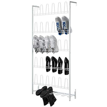 MyGift Matte White Metal Wall Mounted Shoe Rack, Holds 18 Pairs | Modern white metal wall shoe rack stores up to 18 pairs of shoes and boots while saving closet, mudroom, and entryway storage - color: White
