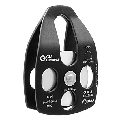 GM CLIMBING Large Rescue Pulley 32kN Single Sheave with Swing Plate CE UIAA Certified - color: Black | 2 Pack