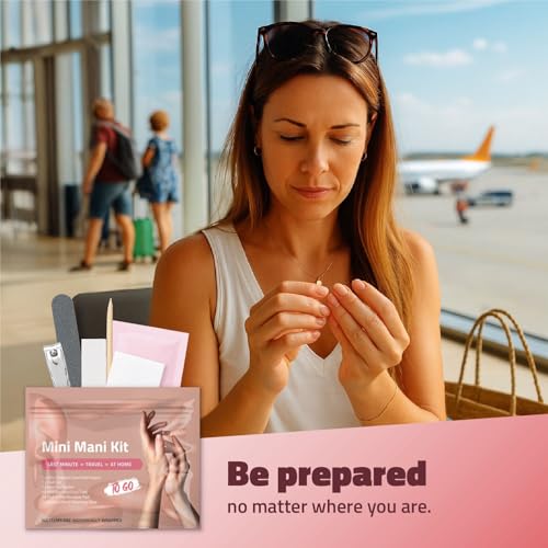 Mini Mani Kit – Disposable Manicure Set with Nail Clipper, File, Buffer, Cuticle Stick & Polish Remover Pad – Compact One-Time Use Nail Care Kit for Travel, Purse, Desk, or Car (Peach) - color: Peach