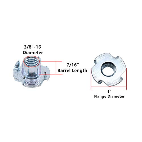 30Pcs 3/8"-16 Tee T-Nuts 4-Pronged Zinc Plated Steel, 7/16" Barrel Length | for Wood, Rock Climbing Holds, Cabinetry