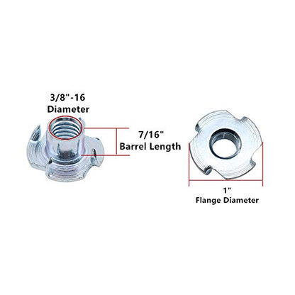 30Pcs 3/8"-16 Tee T-Nuts 4-Pronged Zinc Plated Steel, 7/16" Barrel Length | for Wood, Rock Climbing Holds, Cabinetry