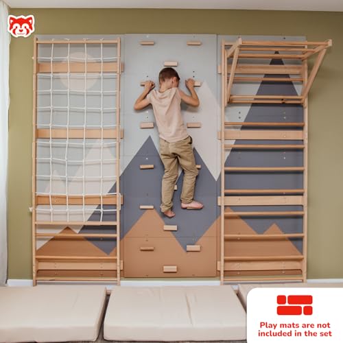 Wood And Hearts Modular Swedish Wall Gym Set for Kids Indoor Active Play – Wooden Swedish Ladder with Adjustable Pull-Up Bar, Rope Climbing Wall & Rock Climbing Panels (Base Set) - style: Base Set