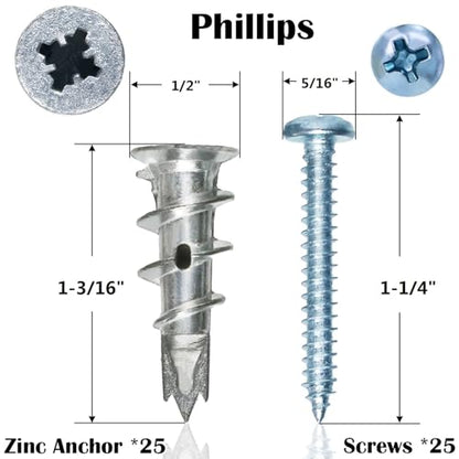 50Pcs Metal Self Drilling Drywall Anchors Heavy Duty with Screws Kit | 25 Heavy Duty Metal Wall Anchors for Drywall with 25 #8 x 1-1/4'' Screws ,No Pre Drill Hole Required, Holds Upto 75lbs