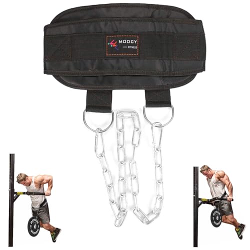 Dip Belt with Chain for Weightlifting, Pullups, Powerlifting, Crossfit, and Bodybuilding Workouts, Long Heavy Duty Steel, Comfortable Neoprene Waist Support