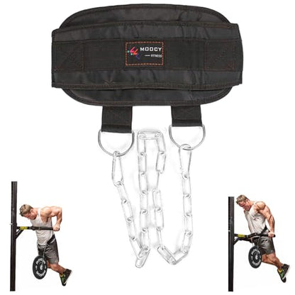 Dip Belt with Chain for Weightlifting, Pullups, Powerlifting, Crossfit, and Bodybuilding Workouts, Long Heavy Duty Steel, Comfortable Neoprene Waist Support
