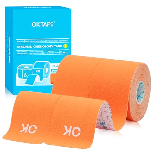 OK TAPE Precut Elastic Kinesiology Tape, 20 Strips, 2inch x 16ft, 2 Rolls | Sensitive Skin Friendly Latex Free Hypoallergenic Athletic Tape Roll for Muscle Joint Knee Waterproof Orange - color: Orange, size: 2 Rolls