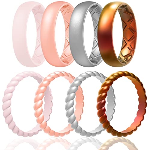 Egnaro Women's Stackable Silicone Rings, 2.5/5.5mm Wide 1.8/2mm Thick Bands | Comfort-Fit Rubber Bands Offer Breathable Flexibility for Nurses, Workouts, Pregnancy, Yoga, Travel, Office, and All-Day Wear - color: SETA8-Bright Bronze, Metallic Silver, Ligh