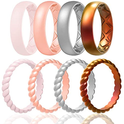 Egnaro Women's Stackable Silicone Rings, 2.5/5.5mm Wide 1.8/2mm Thick Bands | Comfort-Fit Rubber Bands Offer Breathable Flexibility for Nurses, Workouts, Pregnancy, Yoga, Travel, Office, and All-Day Wear - color: SETA8-Bright Bronze, Metallic Silver, Ligh