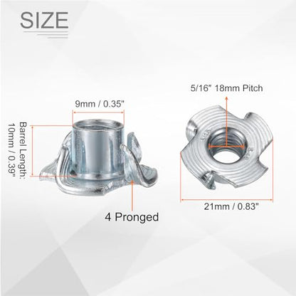 HARFINGTON 5/16x10mm T-Nuts 4 Pronged Tee Nut 0.83" x 0.39" Fully Thread Carbon Steel Inserts for Wood, Rock Climbing Holds, Cabinetry, Furniture 50pcs - size: 5/16" x 0.39" x 0.83" x 0.39"