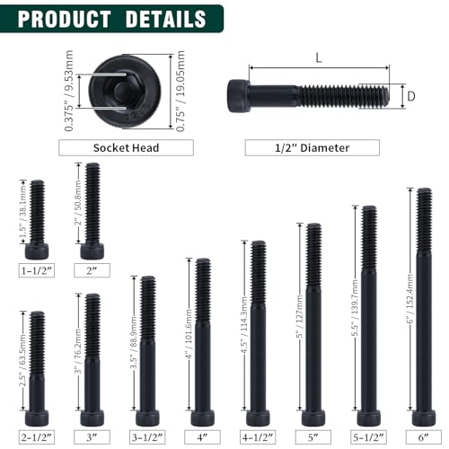 1/2-13 x 2-1/2" Socket Head Cap Screws Bolts, 12.9 Grade Alloy Steel, Black Oxide Finish, Allen Hex Drive, Full Thread, 6-Pack - size: 1/2-13 x 2-1/2"