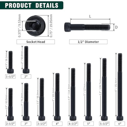 1/2-13 x 2-1/2" Socket Head Cap Screws Bolts, 12.9 Grade Alloy Steel, Black Oxide Finish, Allen Hex Drive, Full Thread, 6-Pack - size: 1/2-13 x 2-1/2"