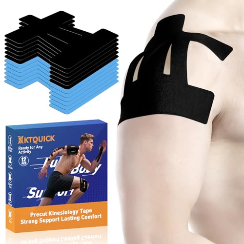 KTQUICK Precut Kinesiology Tape for Shoulder, 12 PCS, 20% Stronger Adhesive | Black&Blue, Precut Shoulder Support Tape with Premium Cotton, Breathable, Waterproof, Latex-Free Athletic Tape for Sports - color: Black&blue, size: 12PCS
