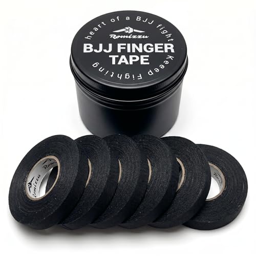 BJJ Finger Tape with Metal Storage Tin – 6 Rolls 26ft x 0.3in | Jiu Jitsu Grappling Tape | Strong Finger Support | Breathable Cotton | Residue-Free | MMA Wrestling Rock Climbing Black - color: Black