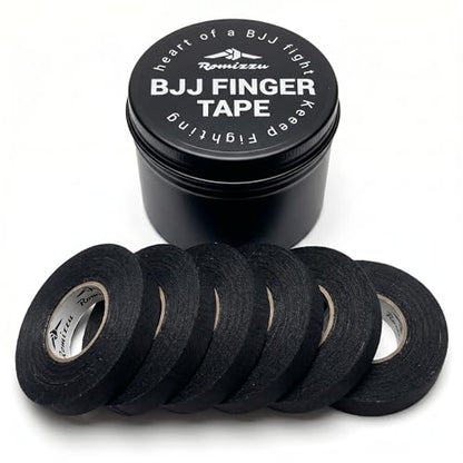 BJJ Finger Tape with Metal Storage Tin – 6 Rolls 26ft x 0.3in | Jiu Jitsu Grappling Tape | Strong Finger Support | Breathable Cotton | Residue-Free | MMA Wrestling Rock Climbing Black - color: Black