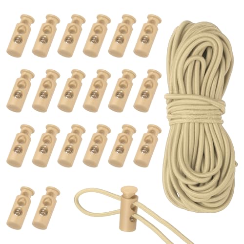 uxcell 20 Pcs Plastic Cord Locks & 16 ft Elastic Cord, Double-Hole Toggles for Drawstrings End Stopper Fastener Slider Toggles Clip for Shoelaces Backpacks Replacement, Khaki - color: Khaki