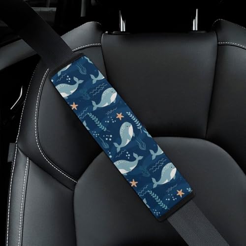 2 Pack Breathable Car Seat Straps Shoulder Pads for Adults and Children, All Vehicles, Cute Ocean Navy Blue White Cartoon Manatee Harness Pads Strap, Pressure Relief - color: Pattern 1109