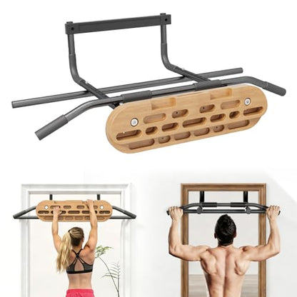 2 in 1 Hang Rock Climbing Hangboard with Door Way Pull Up Bar, Including Jugs, Pinches, Pockets, Edges & Slopes, Fit for Rock Climbing Training & Pull-Ups, Multifunctional, No Drilling Required