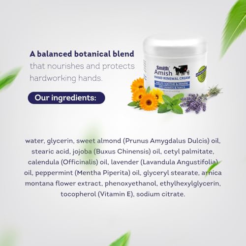 Smith Amish Hand Renewal Cream – Deep Moisturizing Hand Cream - 6 oz Jar | For Dry & Rough Hands - Glycerin, Lavender & Calendula Botanical Formula – Softening Daily Hand Care - size: 6 Ounce (Pack of 1)