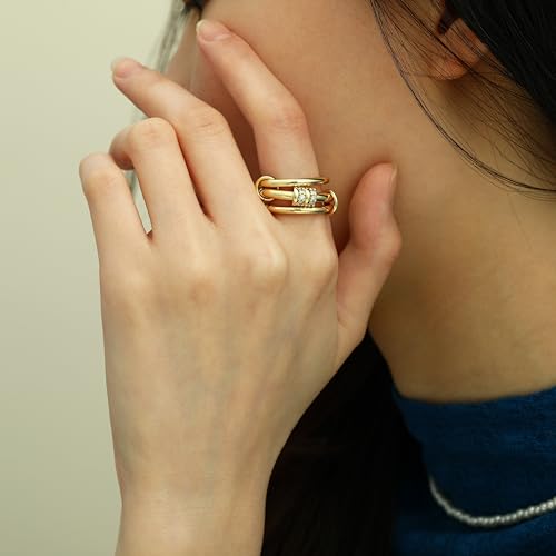 Gold Stackable Rings for Women Non Tarnish, Dainty 14K Gold/Silver Plated Cubic Zirconia Spinelli Ring Chunky Multi Rings Mixed Metals Ring Stack Set Non Tarnish Jewelry - color: Plain-Gold, size: 7