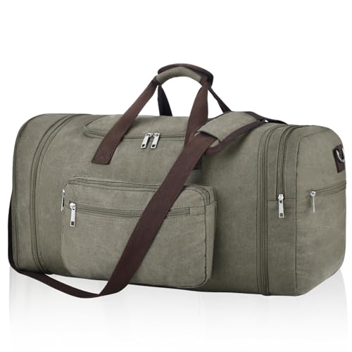 Felipe Varela 60L Canvas Duffle Bag for Men, Travel & Gym Carry on, Green | Lightweight, Expandable, Large Capacity, Water-Repellent, Eco Certified, Travel Duffel Compliant for Overnight & Weekend Trip - color: Green, size: 60L