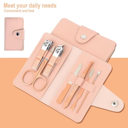 7 -Piece Manicure & Pedicure Kit with Portable PU Leather Case, Stainless Steel Nail Care Tools Set for Home & Travel (Pink/Purple/Green Options) - color: Pink