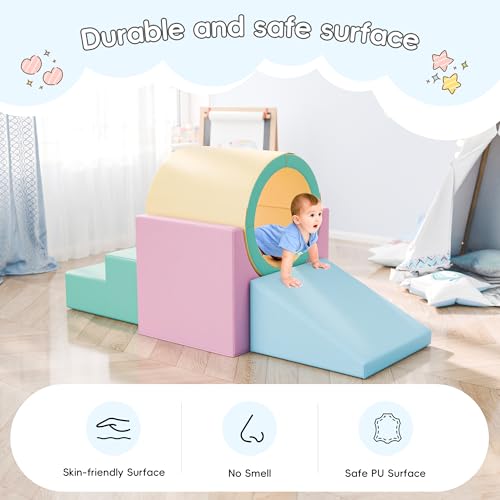 TOLEAD Tunnel/Ramps Foam Climber, Climb & Crawl Foam Activity Play Set for Toddlers and Kids, Safe Indoor Crawling Gym Equipment for,Infant,Baby Waterproof Easy to Clean (Pink) - color: Pink
