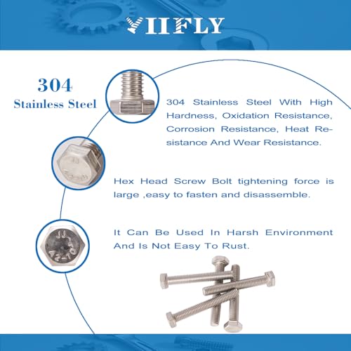 M6-1.0 Hex Head Screw Bolts - 20/25/30/35/40mm Length Kit, 304 Stainless Steel(A2-70), Bright Finish, Fully Threaded, Hexagon Head Bolts,Quantity 50-Piece Set - size: 304-Hex-M6-20-40mm