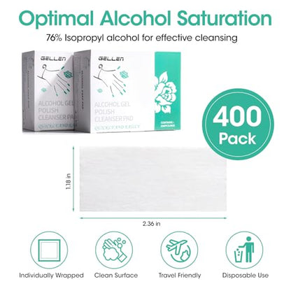 GELLEN Nail Cleanser Pads, 400 Pack Alcohol Prep Pads Individually Wrapped | Nail Cleanser Wipes Remove Tacky Residue, Lint-free Glossy Wipes for Acrylic/Builder/Gel Polish Travel for Perfect Manicure - size: 400PCS